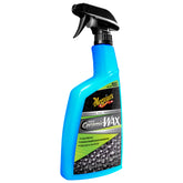 A spray bottle of Meguiar's Hybrid Ceramic Wax with a blue label and a black spray nozzle.
