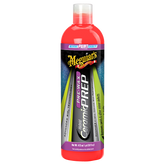 A bottle of Meguiar Hybrid Ceramic Pre Wax Prep vehicle polish in a red plastic bottle with a label featuring the Meguiar's logo and product information.