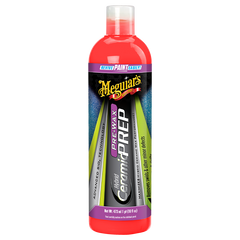 A bottle of Meguiar Hybrid Ceramic Pre Wax Prep vehicle polish in a red plastic bottle with a label featuring the Meguiar's logo and product information.