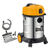 An Ingco Wet & Dry Vacuum Cleaner with a stainless steel tank, orange top, and several attachments including a hose and floor brush.