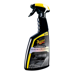 A bottle of Meguiar's Ultimate Leather Detailer, which is a spray cleaner for cleaning and conditioning leather.