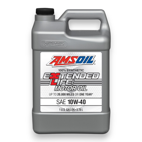 A gray plastic jug of AMSOIL Extended Life Motor Oil SAE 10W-40 with a black cap and a white label, shown on a clean white background.
