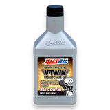 A bottle of Amsoil Synthetic V-Twin Motorcycle Oil SAE 20W-50, 940 ml, featuring a metallic silver-gray bottle with a black cap and a black, gold, and red label.