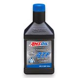 A bottle of AMSOIL Synthetic ATF Automatic Transmission Fluid, featuring a black plastic bottle with a blue cap and a detailed label on a white background.