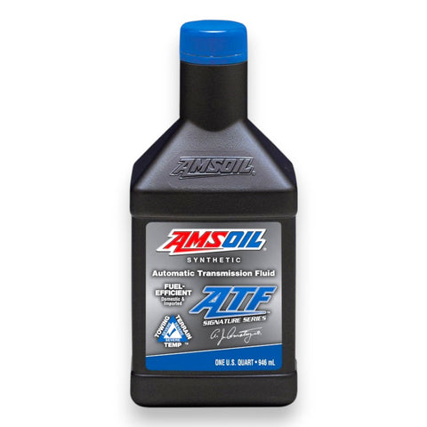 A bottle of AMSOIL Synthetic ATF Automatic Transmission Fluid, featuring a black plastic bottle with a blue cap and a detailed label on a white background.