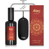 Airpro Premium Oudh perfume bottle, tag, and packaging on a white background