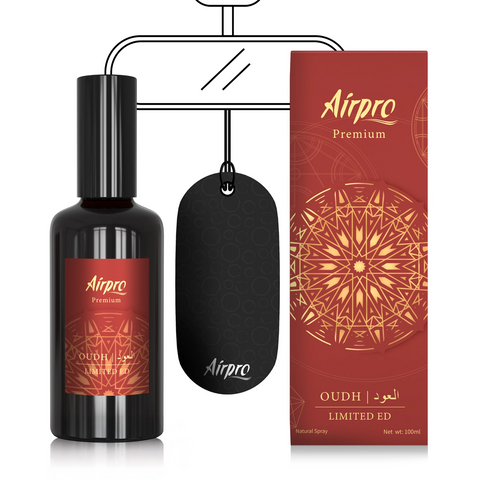 Airpro Premium Oudh perfume bottle, tag, and packaging on a white background