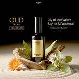 Airpro Oud Silver bottle with floral elements on a sandy background