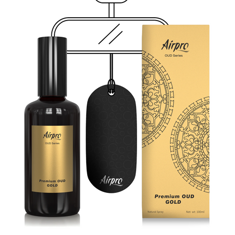 Airpro Premium Oud Gold product set including bottle, tag, and packaging on a white background