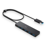 Anker USB hub adapter with four USB 3.0 ports, featuring a black rectangular hub body with blue port accents and a black multi-connector cable, shown on a white background.