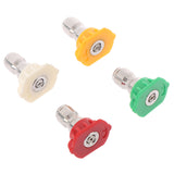 Four plastic hose end fittings with silver metal connectors, shown in white, yellow, green, and red on a plain white background.