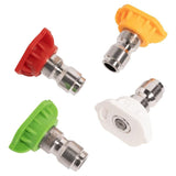 Four spray nozzles with different colored plastic covers on a white background