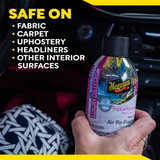 Bottle of Meguiar's air freshener held in a hand with text about safe surfaces.