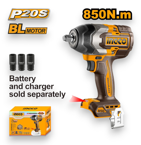 Incco P20S BL Motor 850N-m cordless impact wrench shown on a white background with accessory callouts, including three socket bits, a battery, a charger, and the product box. Text highlights 'P20S', 'BL MOTOR', and '850N-m'.