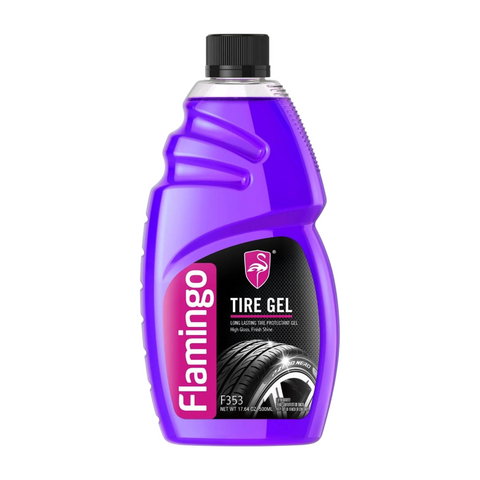 Flamingo Tire Gel 500ml F353 for enhancing car tire sidewalls with a rich black glossy finish