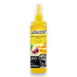 Yellow spray bottle with cherry flavor label on a white background