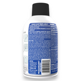 Back view of a white plastic bottle of car interior cleaning spray with a black cap, featuring blue and white text detailing usage and ingredients.