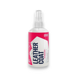 A bottle of GYECO Leather Coat finish spray with a white and pink label, shown on a clean white background.