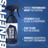 Ceramic detailer spray bottle with benefits listed on a blue background