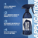 Ceramic detailer spray bottle with application steps on a blue background