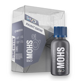 A bottle of Gyeon MOHS EVO paint coating with a dark gray body and blue cap, shown next to its clear plastic packaging box on a white background.