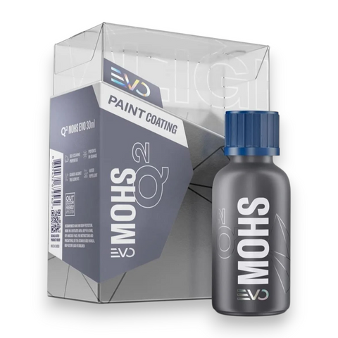 A bottle of Gyeon MOHS EVO paint coating with a dark gray body and blue cap, shown next to its clear plastic packaging box on a white background.