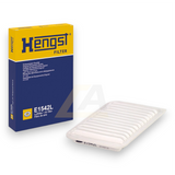 Hengst E1542L air filter and its original packaging box, shown on a clean white background.