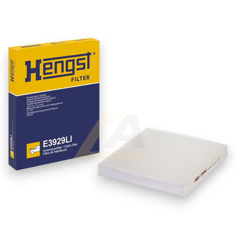Hengst E3929LI cabin air filter and its original packaging box, shown on a clean white background.