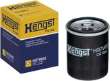 Hengst H97W05 oil filter next to its yellow and blue retail packaging box, shown on a clean white background.