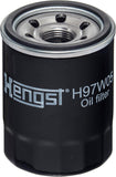 A Hengst H97W05 oil filter with a black body, silver metal top, and white printed branding and text, shown on a plain white background.