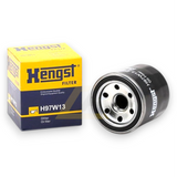 Hengst H97W13 oil filter and its original yellow and navy blue packaging box, shown on a clean white background.