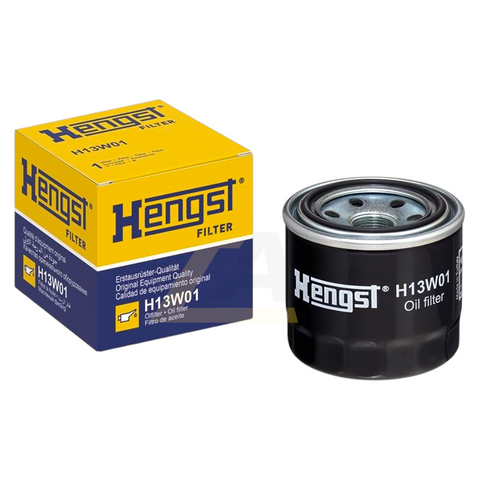 A Hengst H13W01 oil filter next to its yellow and blue retail box on a plain white background.