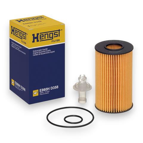 Hengst E880H D358 automotive filter kit including a pleated orange filter element, black gaskets, and a clear plastic component, shown next to its yellow and blue retail box on a white background.