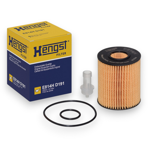 Hengst Filter E814H D191 engine filter kit, including the yellow and blue branded filter box, a pleated orange filter element with a black top, a small clear plastic tube, and two black O-rings on a white background.