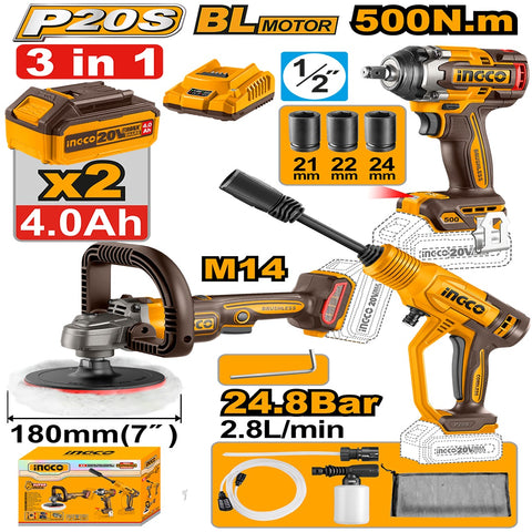 INGCO 20V Cordless 3-Pcs Combo Kit Impact Wrench Angle Polisher Pressure Washer