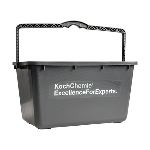A gray rectangular plastic bucket with a volume scale, featuring a black handle and the Koch Chemie brand logo.