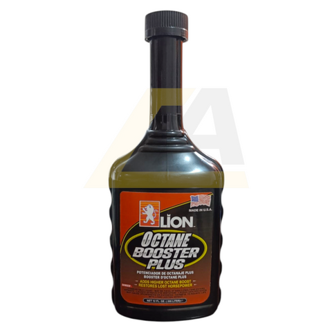 Bottle of Lion Octane Booster Plus on a white background
