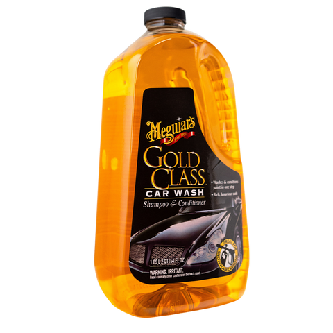 A bottle of Meguiar's Gold Class Car Wash Shampoo & Conditioner with a black label and gold color scheme.