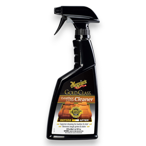 Meguiar's Gold Class Leather Cleaner spray bottle on a white background.