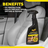 Meguiar's Gold Class Rich Leather cleaner on a car seat with UV protection benefits text.