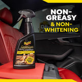 Meguiar's Gold Class Rich Leather cleaner bottle on a car seat with text 'Non-Greasy & Non-Whitening'.