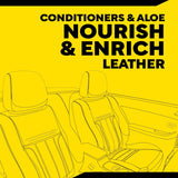 Yellow product label or packaging graphic with black text reading 'CONDITIONERS & ALOE NOURISH & ENRICH LEATHER' above a black line drawing of car seats.