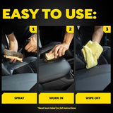 Step-by-step guide on cleaning car interior with text 'Easy to Use: Spray, Work In, Wipe Off'.