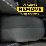 Close-up of a dark gray leather car seat with a yellow and black text overlay that reads 'CLEANERS REMOVE DIRT & GRIME'.