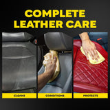 Complete leather care product demonstration with cleaning, conditioning, and protecting actions on car seats.