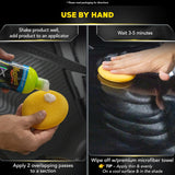 Meguiar’s Hybrid Ceramic Liquid Wax G200416 Instructional graphic for a car wax applicator bottle, showing two panels with hands demonstrating how to apply the product. The left panel shows the bottle being squeezed onto a yellow applicator pad, and the right panel shows a hand applying the wax in a circular motion on a black car surface.