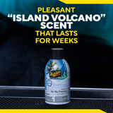 Bottle of Meguiar's Island Volcano air freshener with promotional text on a dark background