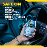 Hand holding a Meguiar's air freshener in a car interior with text about product safety.