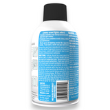 Back view of a white plastic bottle with a black cap, featuring a blue and white label with text instructions and a barcode, on a white background.