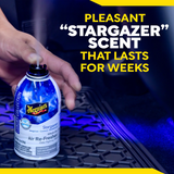 Meguiar's Stargazer air freshener being held on a car interior with promotional text.
